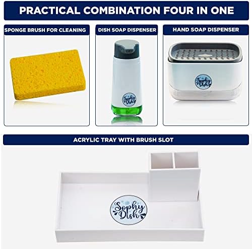 4 יח 'מתקן סבון מטבח ידני עם משאבת מחזיק ספוג + מתקן לשטוף ידיים ומיילוי קל | אורגן-לא-החלקה אקריליקטרי + חריצי